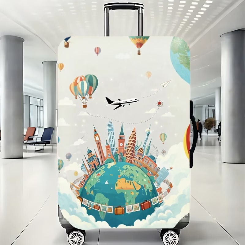 Cross-border foreign trade cartoon globe hot air balloon landmark printed luggage cover, elastic, wear-resistant, dustproof cover, manufacturer wholesale