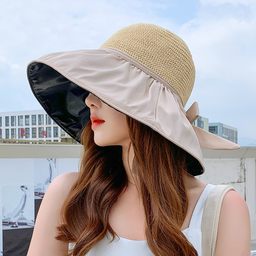 Summer Black Vinyl Bow Tie Sun Hat for Women, Lattice Striped Hat, UV Protection, Large Brim, Face Covering Sun Sunfish Hat