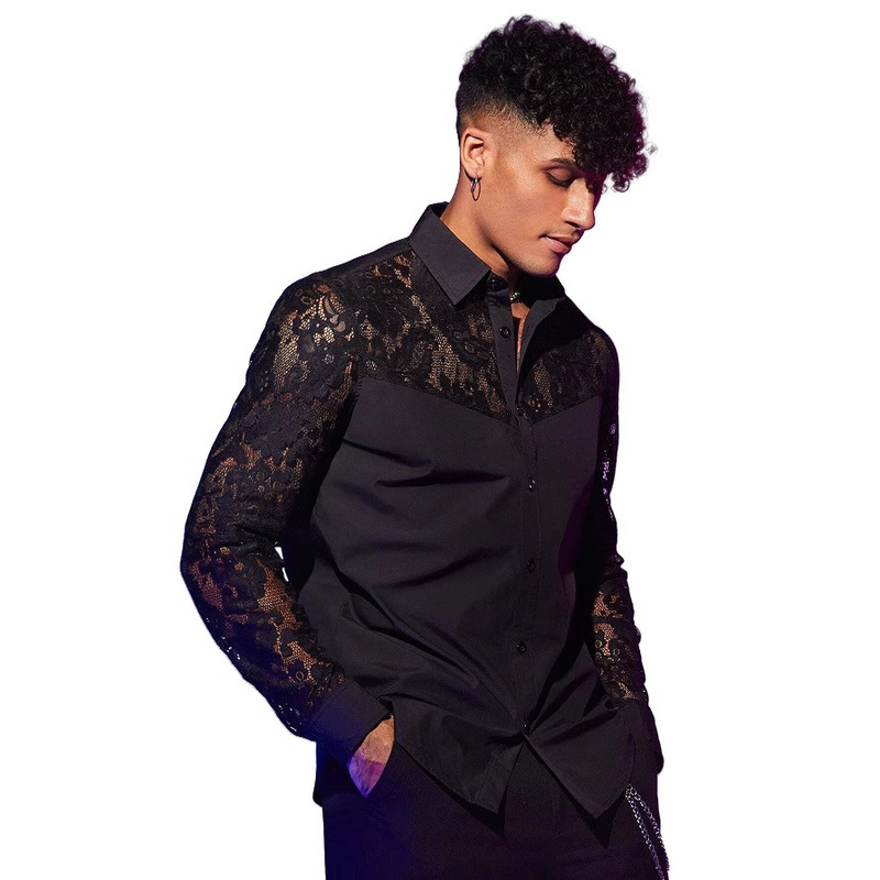 2025 cross-border men's new lace stitching long sleeve shirt sexy fashion personality top