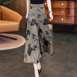 大码女装新中式高档印花裙裤休闲裤裙女夏季宽松显瘦七分裤女跨境