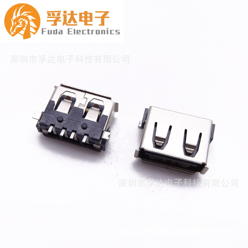 USB 2.0母座 USB母座短体10.0后两脚全贴片6.3H高 卷边灰胶耐高温