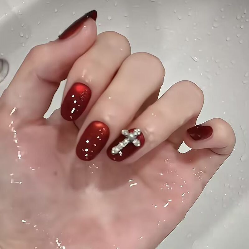 【French-Style Ruby】Purely Handmade Nail Art with Cross Design, High-End Red Cat Eye New Year Stickers That Enhance Finger Complexion 【French-Style Ruby】Purely Handmade Nail Art with Cross Design, High-End Red Cat Eye New Year Stickers That Enhance Finger Complexion