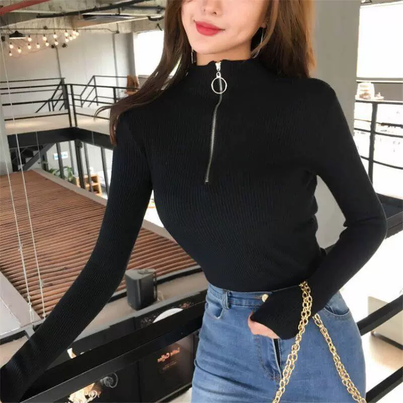 Black bottoming shirt women's interior wear 2022 autumn new semi-high collar slim long sleeve zipper T-shirt outer wear wholesale
