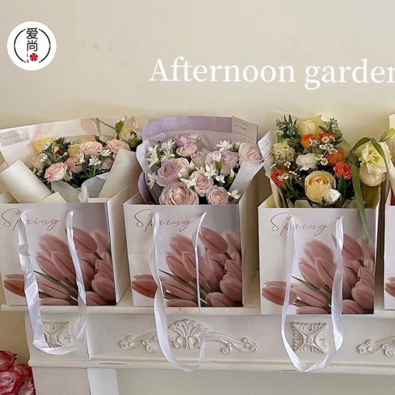 春日新牛皮纸袋郁金香加长提手鲜花袋花盒加厚手提礼盒包装资材