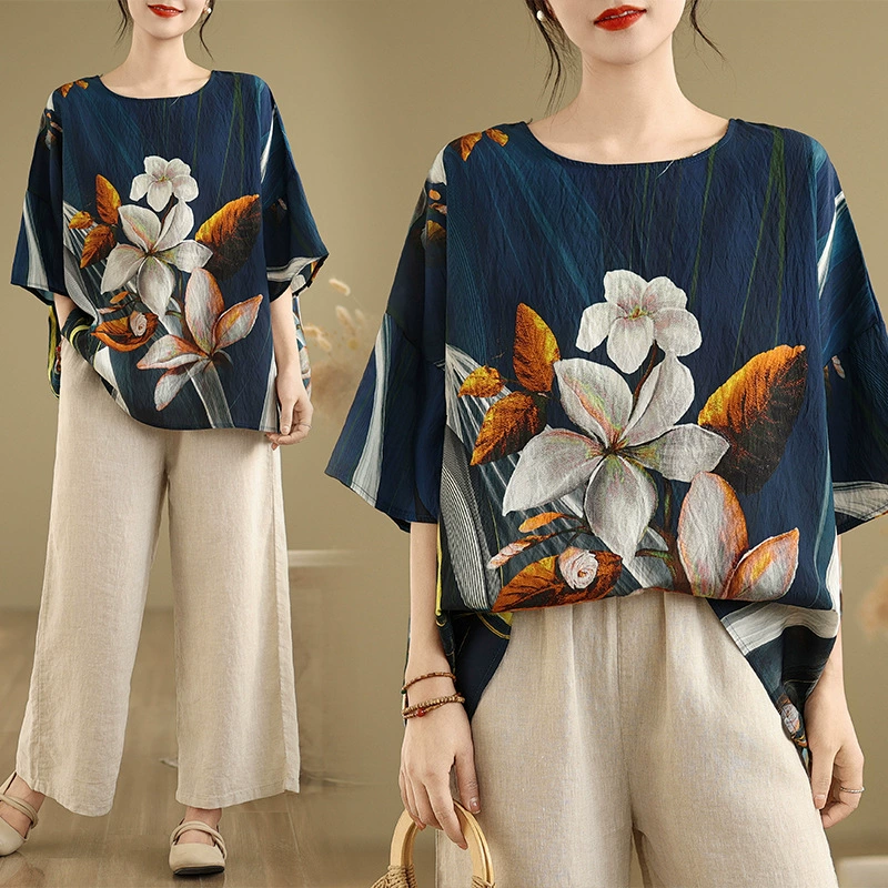 На самом деле стреляй в 2025 году, новый летний хлопок, национальный ветер, летучая мышь рукава, свободная футболка большого размера с круглым вырезом, женская 91866 #