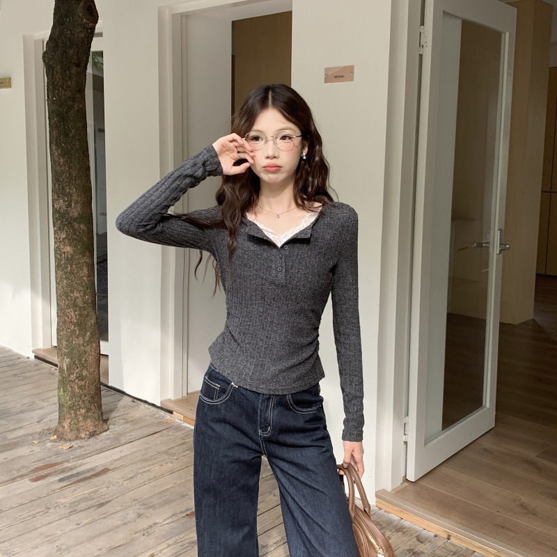 实拍#美式收腰长袖T恤女秋季高级感修身打底衫女内搭黄色蕾丝|undefined