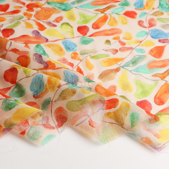 Drooping Floating Color Oil Painting Leaves Micro Pearlescent Satin Elastic Designer Fabric dress Shirt Fabric