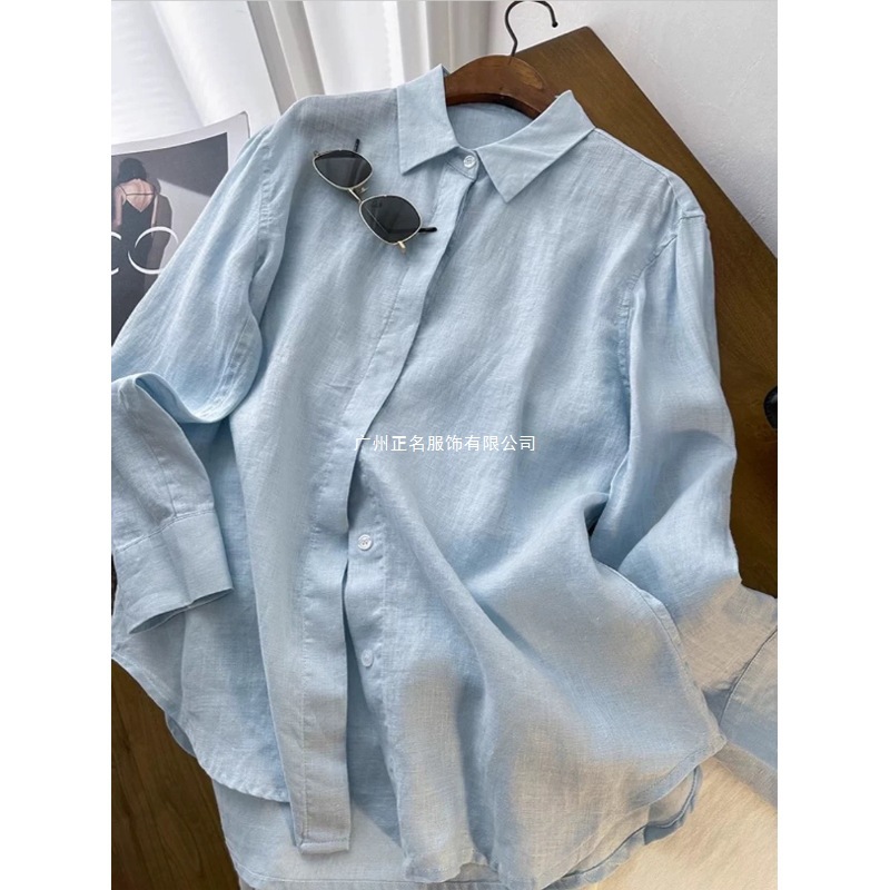 100% Linen~Simple and Elegant Basic Style, Solid Color, Versatile, Loose-Fitting Linen Long-Sleeve Shirt Top in Light Blue and White