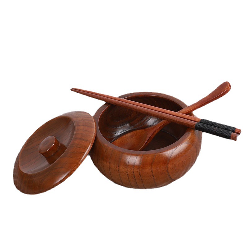 Suministro directo de fábrica de madera maciza japonés y coreano tazón de fideos instantáneos madera entera excavación tazón de madera grande con tapa anti-escaldado tazón de ensalada redonda en stock