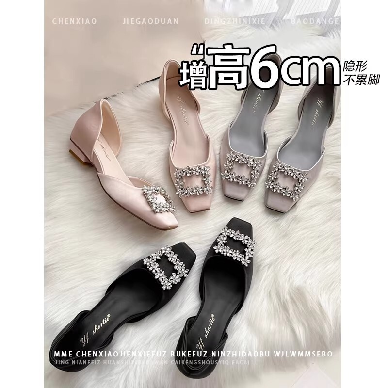 2026 New Style High-End Comfortable Chunky Heel Shoes with Height Increase 6cm Rhinestone Buckle Satin Hollow Sandals for Women