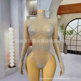 跨境重工闪闪水钻手套一体连体三角裤女团歌手舞蹈演出服星海尘埃