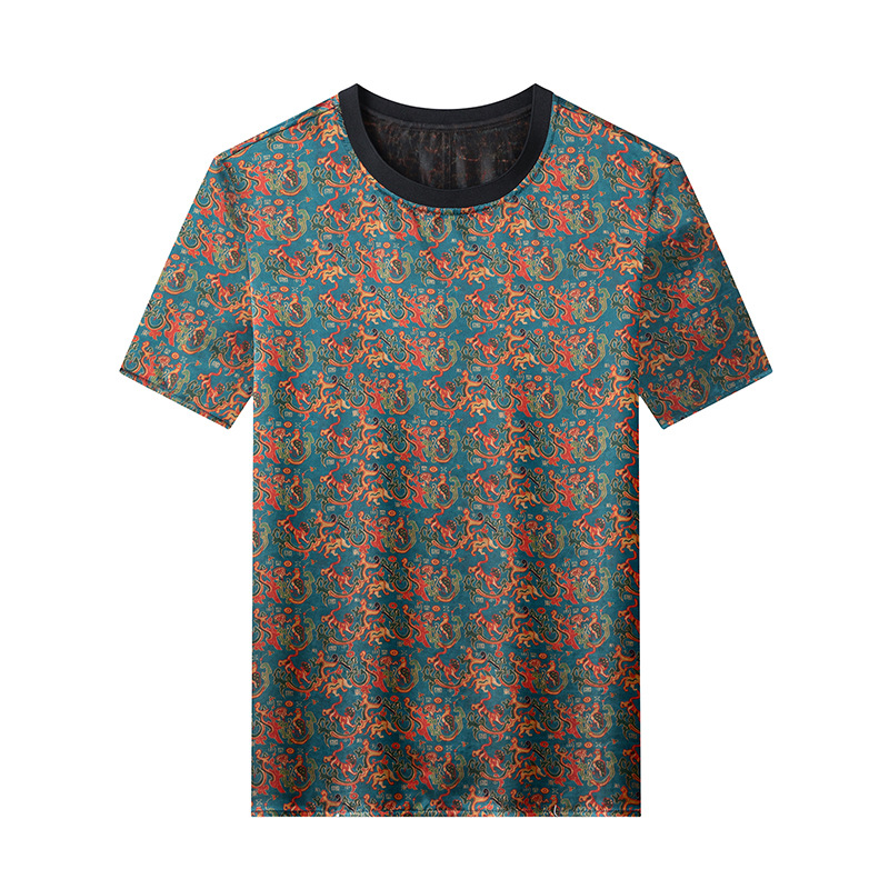 Áo thun nam cổ tròn tay ngắn lụa tơ tằm in họa tiết phong cách vintage — Gái tóc vàng8891