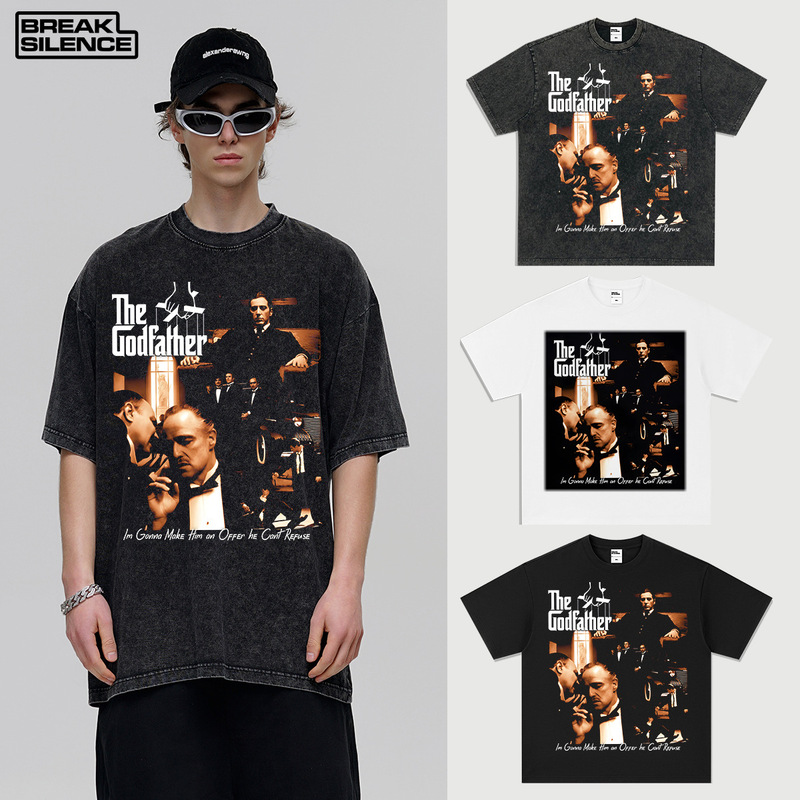Godfather GOD FATHER American Movie Cross-border vintage Short-sleeved T-shirt Washed Heavy Men's and Women's Tops Godfather GOD FATHER American Movie Cross-border vintage Short-sleeved T-shirt Washed Heavy Men's and Women's Tops