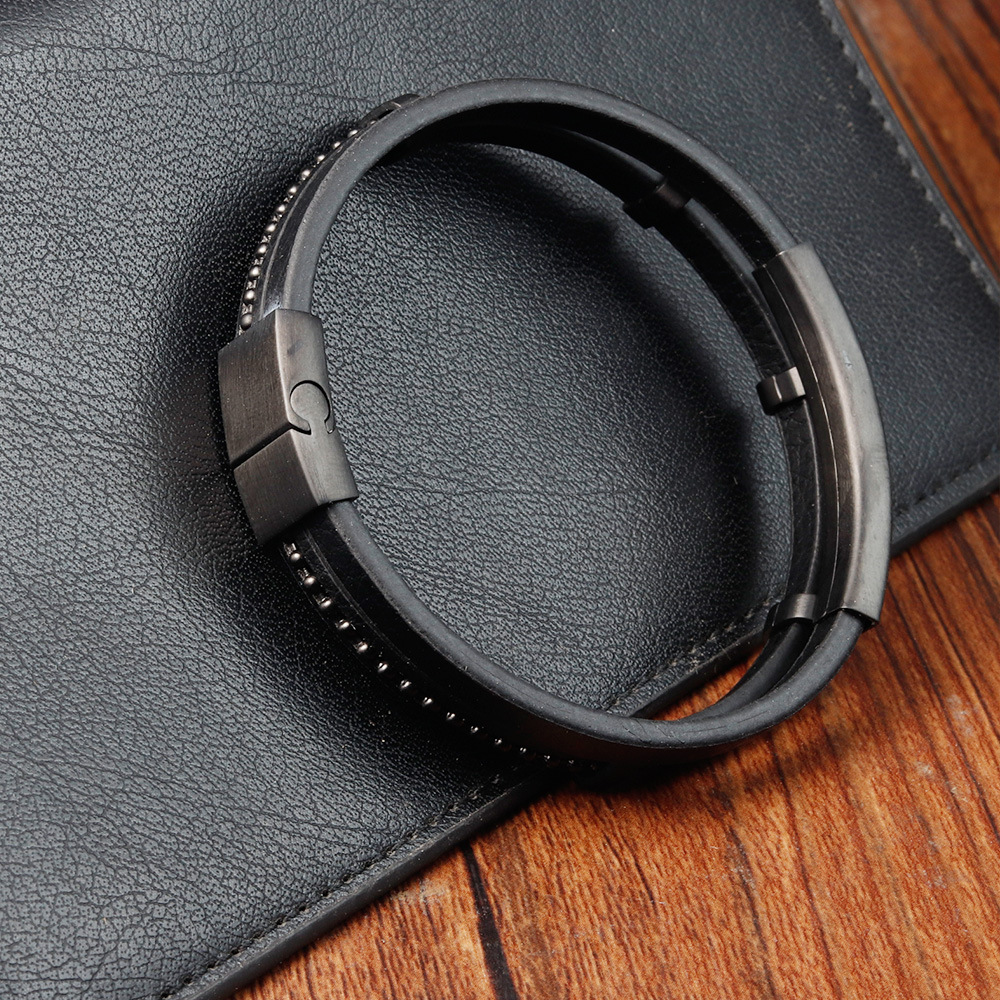 Waterproof Non Tarnish, Surgical Steel, Layered Craft Simple Style 316L Stainless Steel Leather Solid Color Black Men Cord & Leather Bracelets