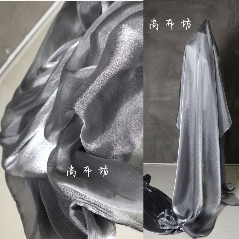 Gray Ice Flower Wrinkled Shiny Silver Silk Metal Stereo Texture Pleated Organza Graduation Designer Fabric