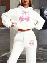 2025跨境外贸卫衣卫裤套装白狐字母印花潮流女装长裤上衣抓绒两件