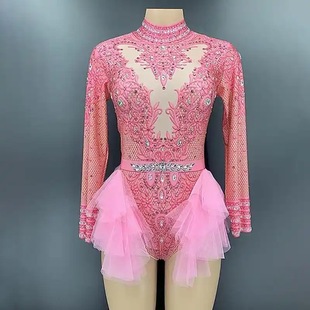 GC Singer Dance Sexy Shiny Rhinestone Stretch Slim Pink Mesh Jumpsuit Stage Performance Clothing Women's Cross