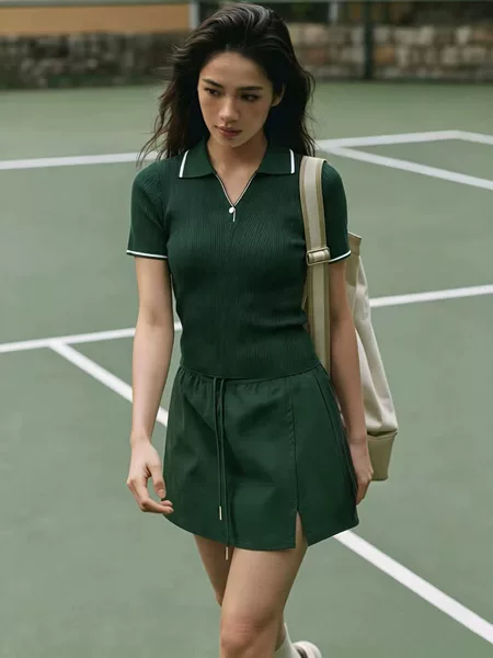 Golf sporty polo short-sleeve tennis outfit for women, outdoor anti-exposure tennis skirt, quick-drying and breathable