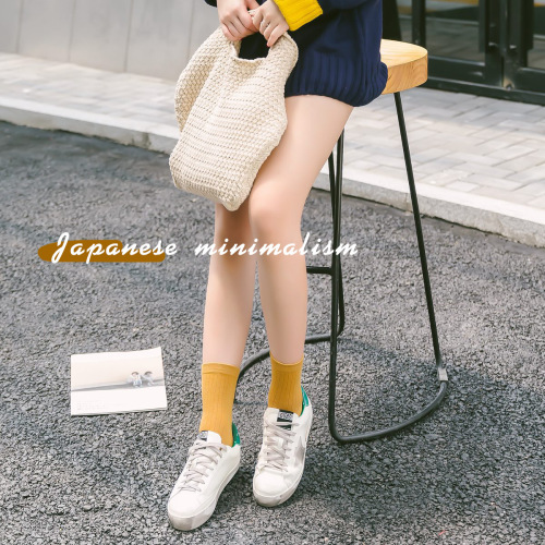 Socks Women's Mid-Tube Solid Color Cotton Socks Spring and Autumn Double Needle Vertical Strips Japanese Simple Korean Version New College Style Manufacturer Wholesale