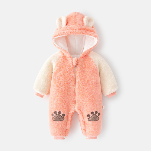 Baby Cotton Fleece Lined Pajamas for Autumn/Winter Outings, Thick Climbing Suit for Toddlers, Cute Outerwear Cotton Hoddie