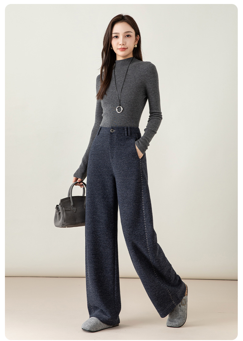 Quần culottes nữ ống rộng dệt kim len phối chỉ trang trí phong cách cổ điển — Xanh da trờicolor chi tiết 24
