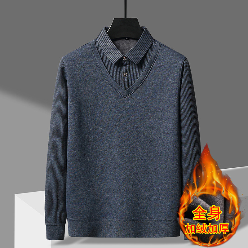 Papá suéteres más terciopelo engrosamiento hombres de mediana edad y ancianos ropa de invierno falso de dos piezas camisa cuello suéter base top