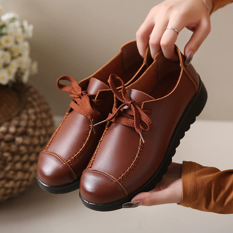 Дикая рабочая обувь женская черная плоская подошва мягкая нескользящая женская кожаная обувь весна и осень новая мама обувь на шнуровке одиночная обувь