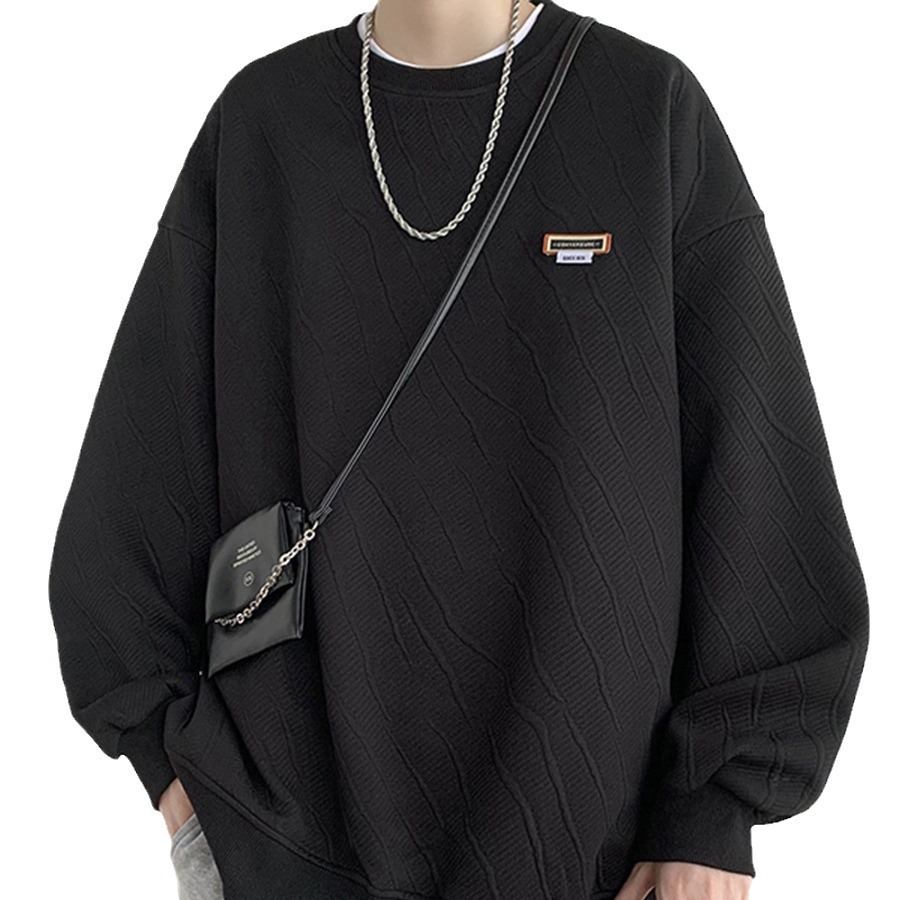 Textura suéter de cuello redondo los hombres Primavera y Otoño 2023 nueva marca moda ropa suelta pesada con capucha manga larga top