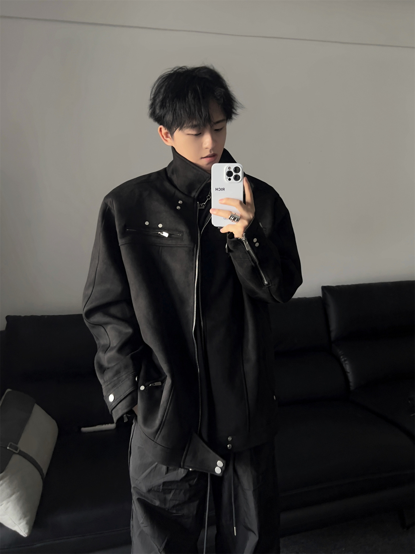 Men's deconstructed suede short jacket, spring and autumn style, American high street zip-up motorcycle jacket, high-end bomber jacket.