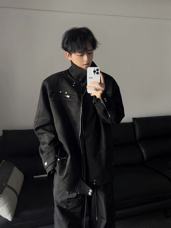 Suede Deconstructed Short Jacket Men's Spring and Autumn American Style High Street Zipper Biker Suit High Sense Aviator Jacket