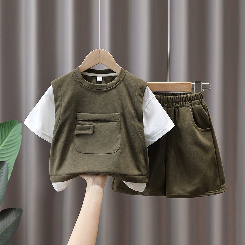 5010 Traje de verano para niños Estilo occidental Nueva ropa para niños Estilo delgado Pantalones cortos casuales para niños de moda Traje de dos piezas