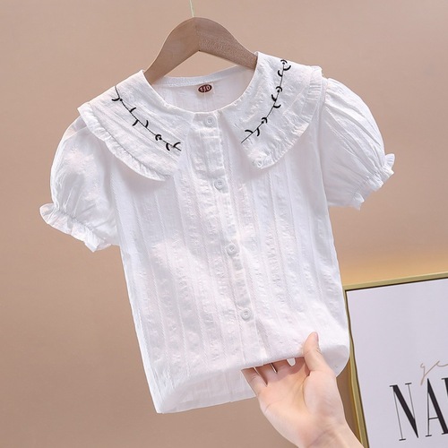 Baby Girl Short Sleeve Top 2025 Summer Korean Style Baby Collar Blouse Children's White Shirt