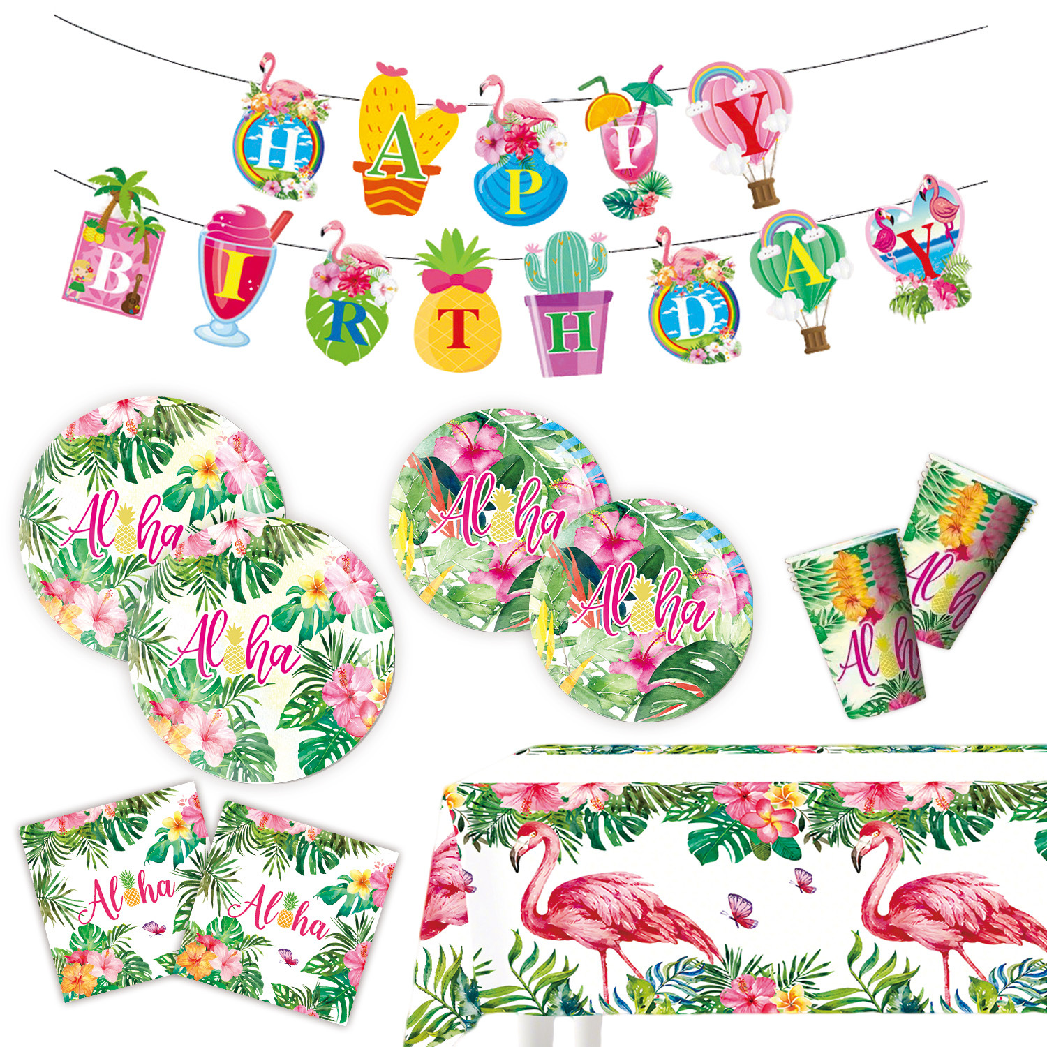 Verano tema hawaiano flamenco piña fiesta vajilla desechable bandeja de papel taza de papel bandera suministros de mantel