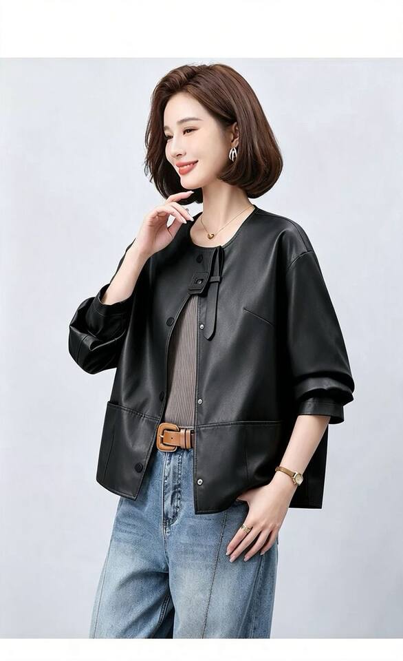 Áo khoác da nữ dáng ngắn ôm vừa, cổ lập, tay dài, phong cách thanh lịch — Cam Hermès, đen chi tiết 18