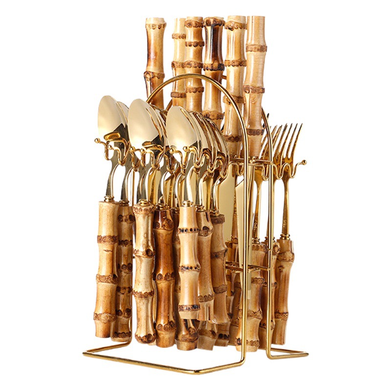 Cruzar la frontera Amazon chapado en oro cuchillo, tenedor y cuchara 24 piezas hogar fiesta banquete vajilla de acero inoxidable regalo traje de madera de bambú