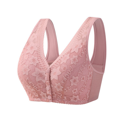 New front-button bra for middle-aged and elderly women, lace, wide shoulder straps, vest-style large size bra without wires