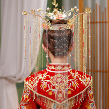 新娘秀禾頭飾2021新款古裝發飾品秀禾服鳳冠紅色結婚流蘇步搖中式