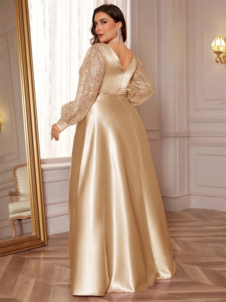 ChicShe Cross-Border Neues elegantes Plus-Size-Kleid aus Satin mit Pailletten, langen Ärmeln, V-Ausschnitt, schmal geschnitten, für Brautjungfern, Bankette und Abendveranstaltungen_voghion.com