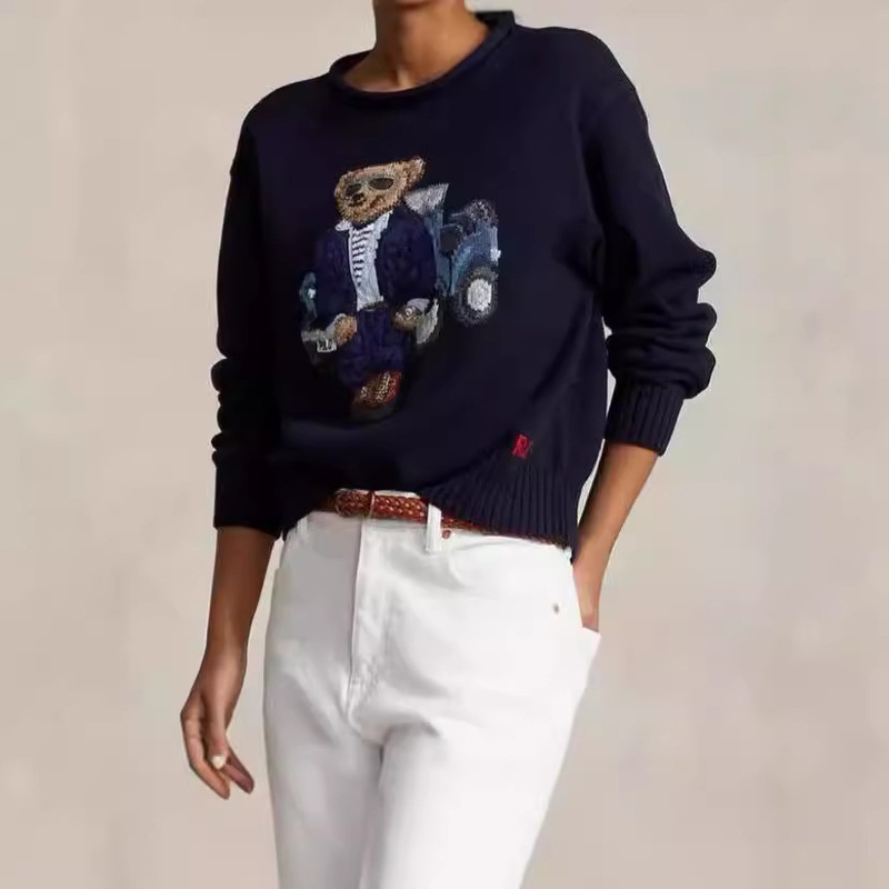24 Styles of Women's Classic Heavy Embroider Cartoon Pattern Bear Knitted Rolled Collar Pullover Casual Versatile Sweater