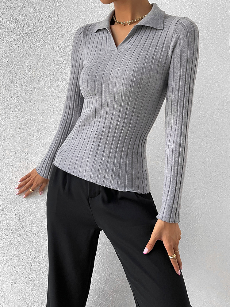 Casual Solid Color Core Yarn Turndown Long Sleeve Regular Sleeve Rib-knit Knitwear display picture 2