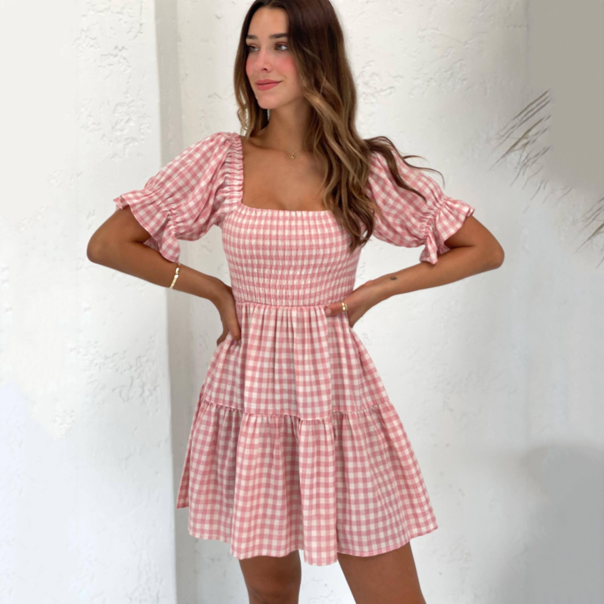 square neck puff sleeves plaid print slim dress NSFH130517