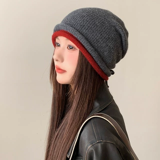 双边毛线帽女日系抽绳卷边针织帽秋冬护耳百搭冷帽显脸小毛线帽子