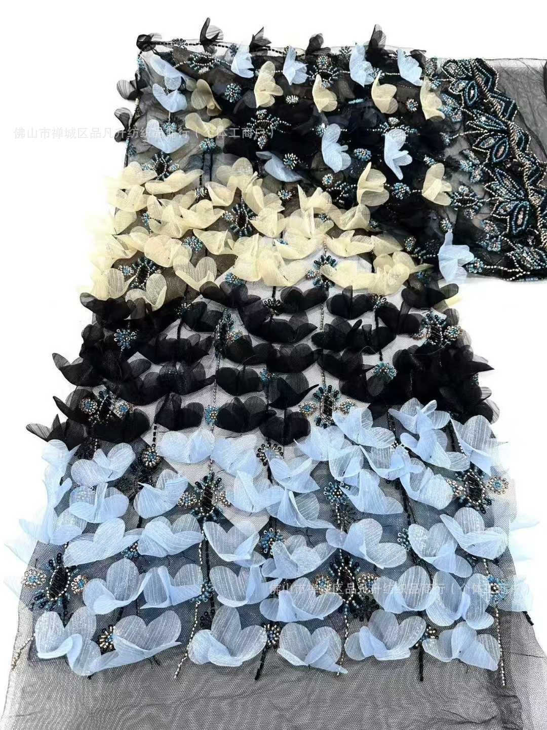 Flor de encaje vestido de boda tela de cola de tela de malla sequin bordado falda de tela de bordado de tubo de perlas de alta fijación