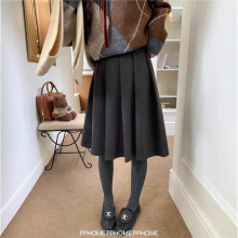 灰色复古学院风百褶中裙毛呢百褶半身裙冬季百搭高腰伞裙五分裙