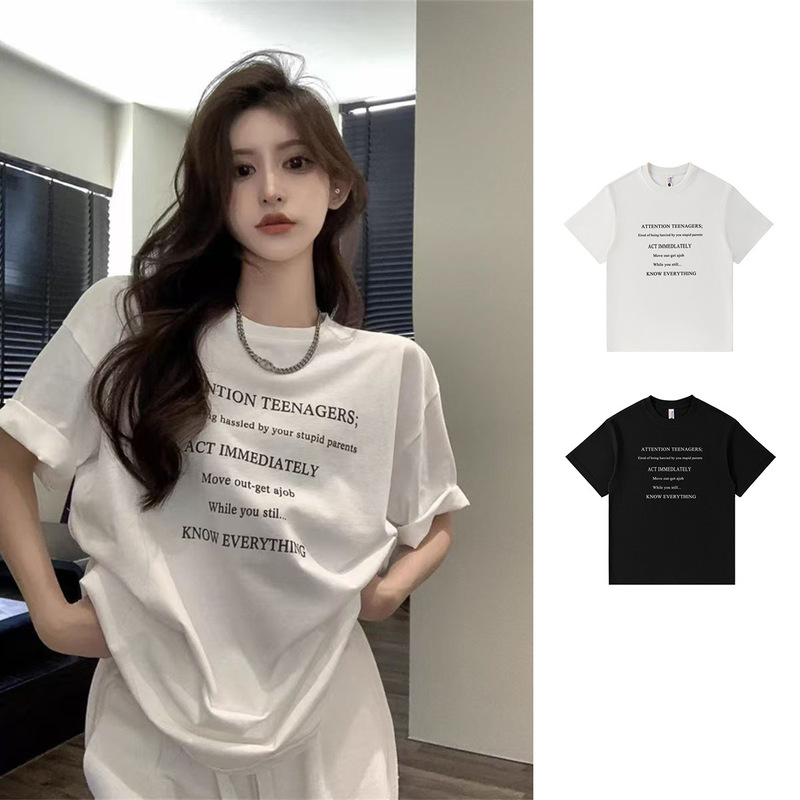 レタープリント半袖レディース夏新作香港風Tシャツカジュアルゆったりアイスシルク涼感トップスアイスシルク風|undefined