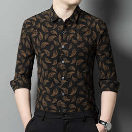 新款桑蚕丝100男士衬衫春秋中年休闲长袖时尚绸缎男衬衣宽松男装
