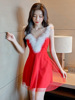 Southeast Asian sexy deep V Christmas plush patchwork mesh large hem dress