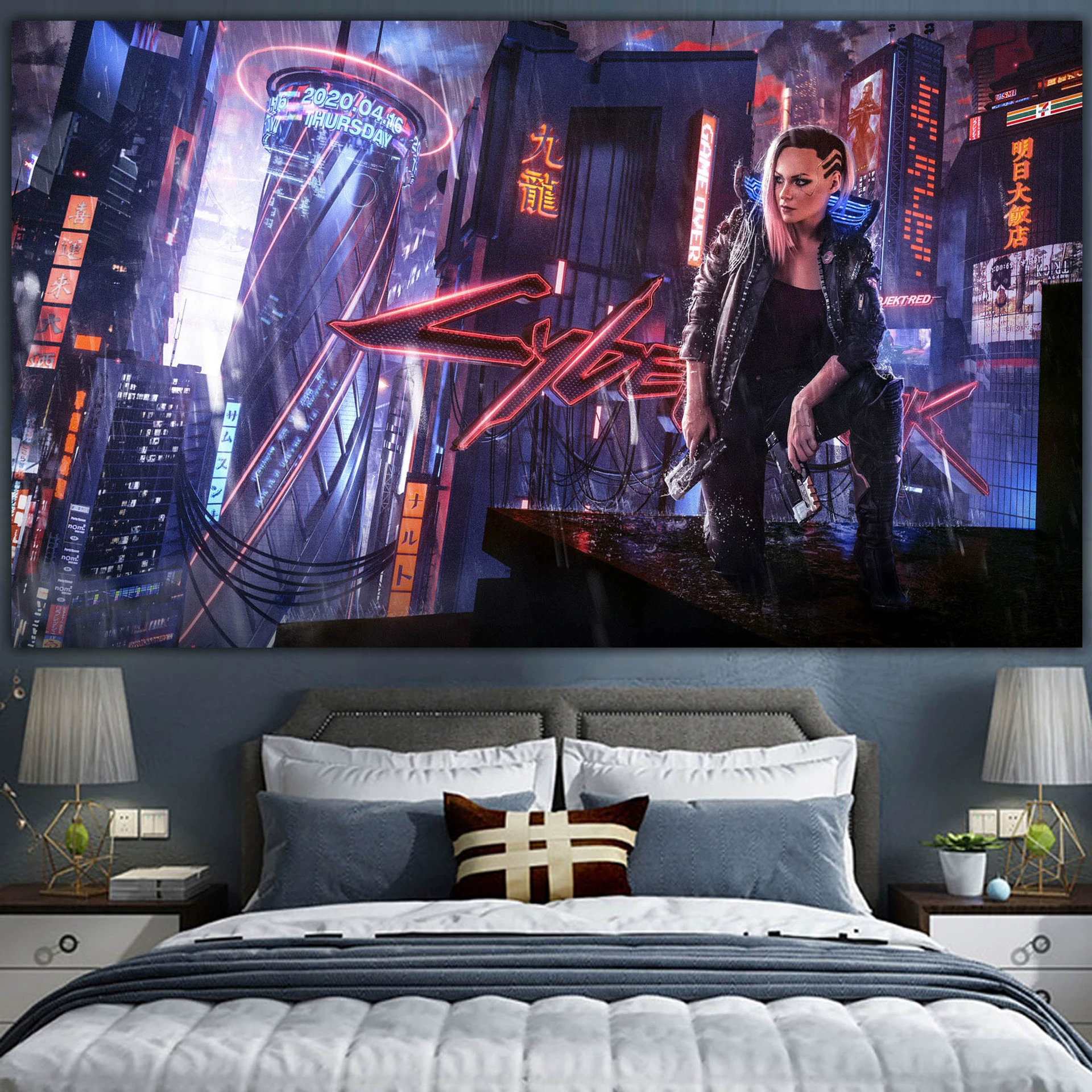 Постер cyberpunk неоновый город, размеры 38×65 см, 85×155 см, 110×200 см