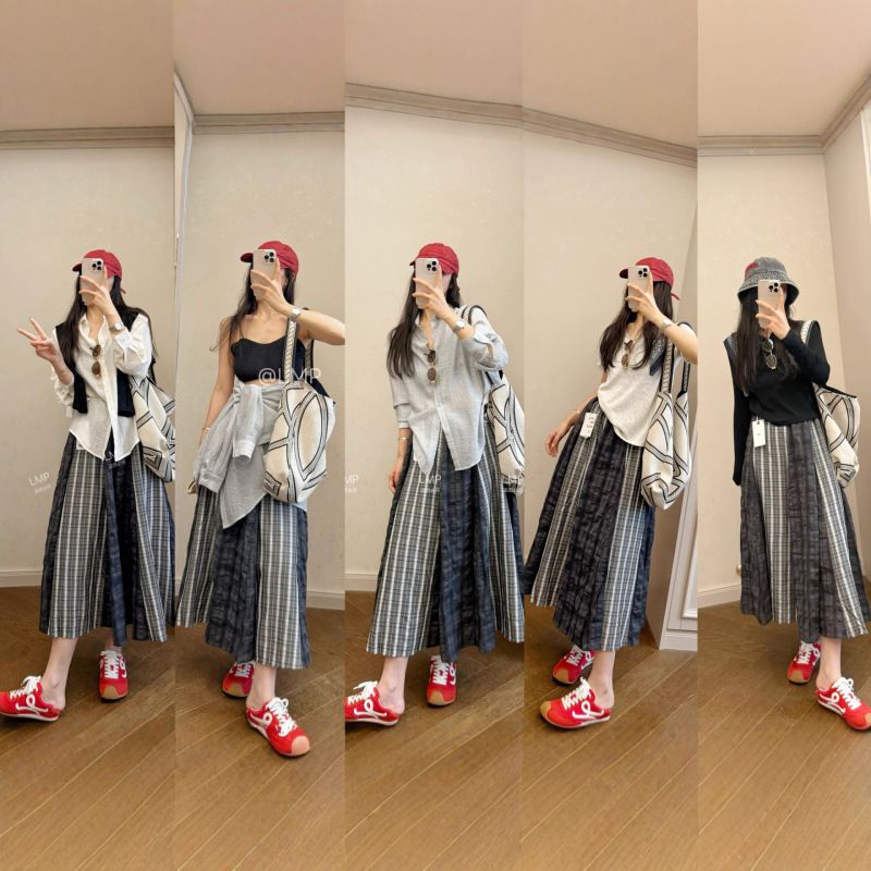 bh6073秋季新款女士条纹拼接复古LP格雷系灰格子休闲百搭半身裙|undefined
