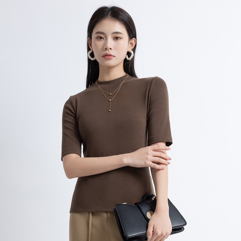 스레드 코튼 고탄성 하프 터틀넥 하프 슬리브 다크 커피